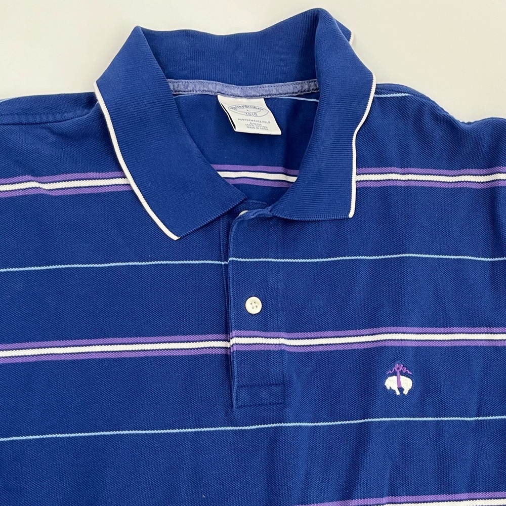 Brooks Brothers Men's L Performance Slim Fit Blue Striped Logo Short Sleeve Polo